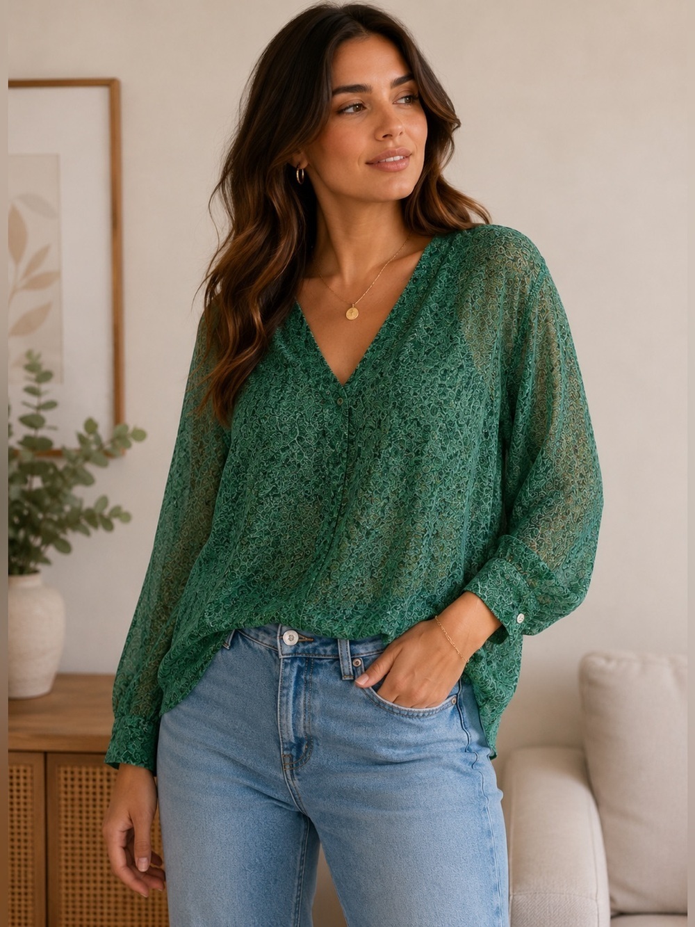 CAbi Green Paisley V-Neck Sheer Blouse Size S Lightweight Flowy Casual